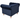 A navy blue velvet armchair with a tufted chesterfield backrest and rolled arms, supported by turned wooden legs, shown against a plain white background.