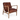 A mid-century modern accent chair featuring a brown leather seat and backrest with channel tufting, supported by a light brown wooden frame with curved armrests, shown on a white background.
